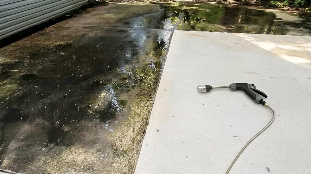 Jetterix test on a narrow concrete strip with years of algae buildup — clear cleaned line through the dirty area